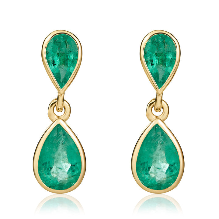 9ct yellow gold pear-shaped Emerald 2-stone rubover set drop earrings