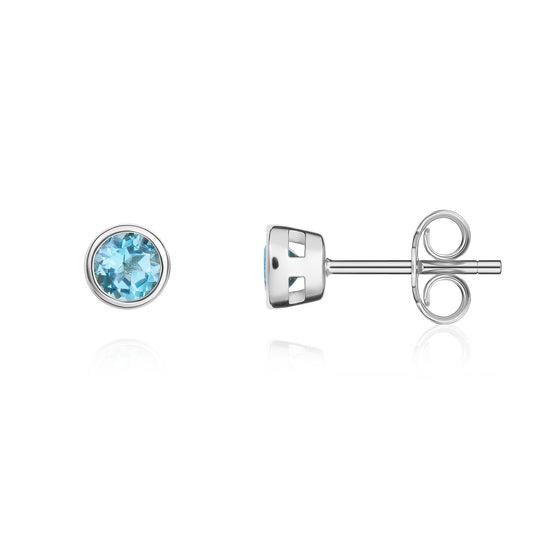 9ct White Gold Round Swiss Blue Topaz Rubover Stud Earrings 3mm
