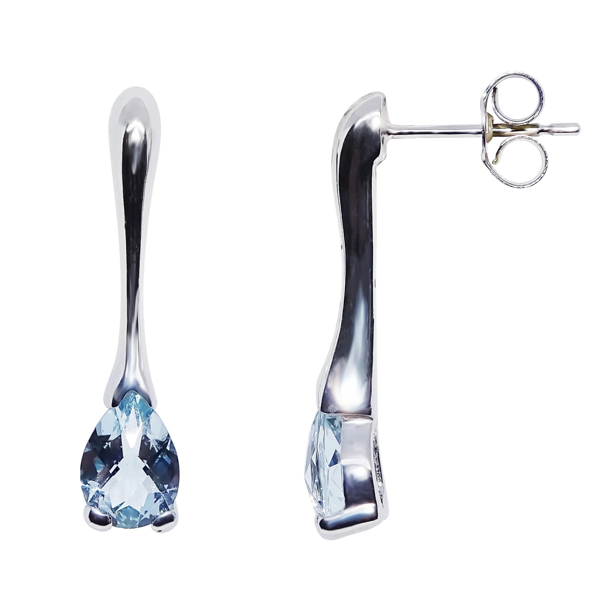 9ct white gold checkerboard cut 7x5mm pear shape long drop aquamarine earrings