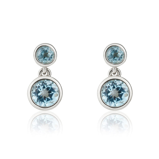 9ct White Gold Round Swiss Blue Topaz Double Stone Rubover Drop Earrings