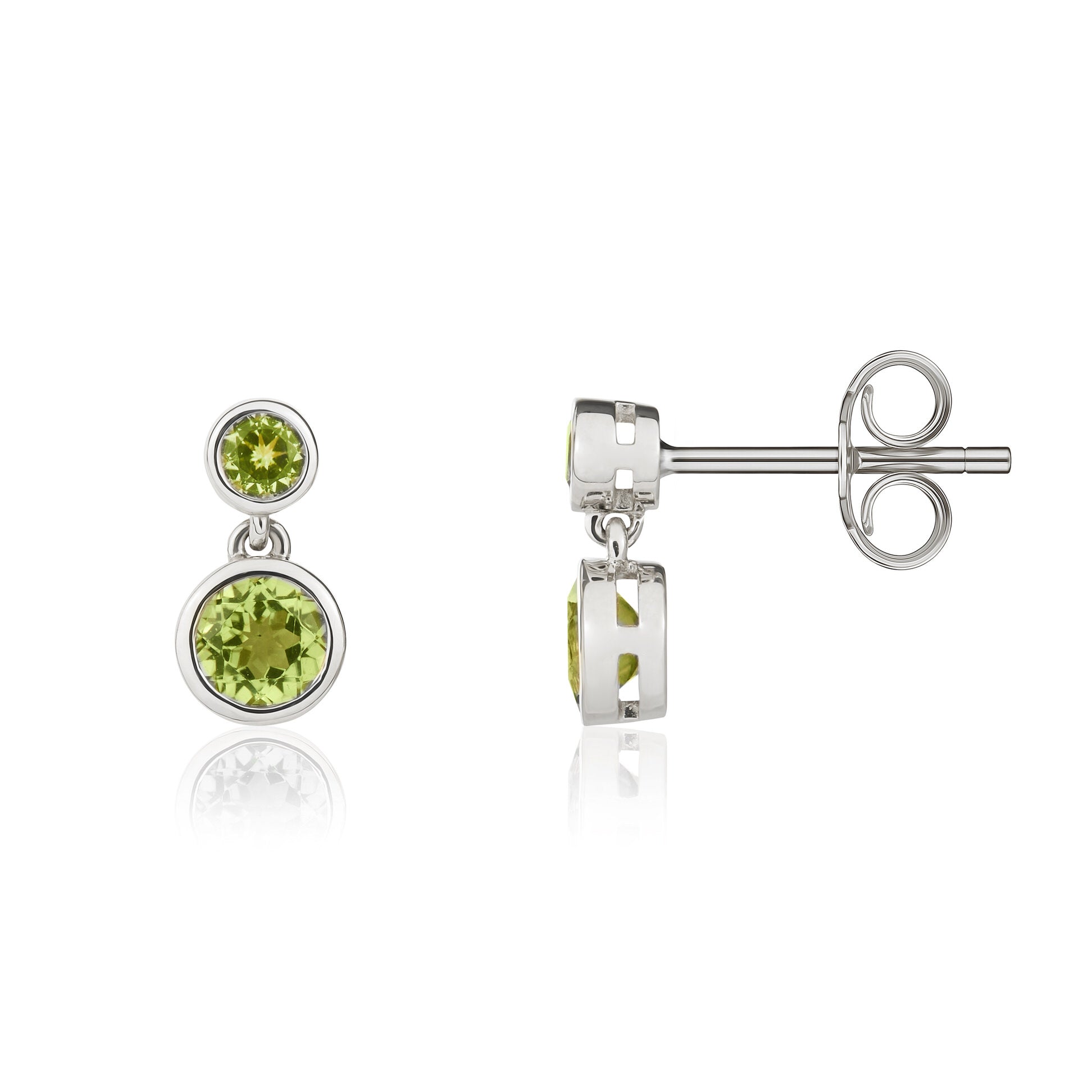 9ct White Gold Round Peridot Double Stone Rubover Drop Earrings