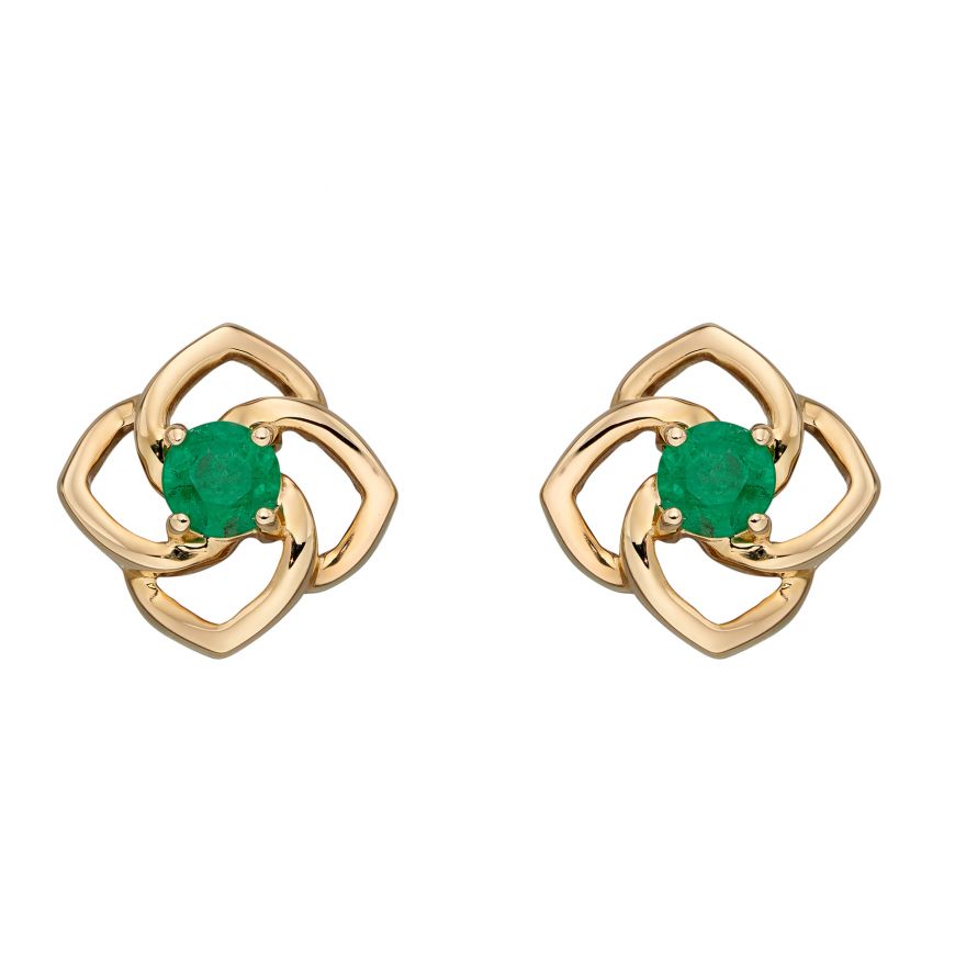 9ct Yellow Gold Round Cut Emerald Flower Stud Earrings
