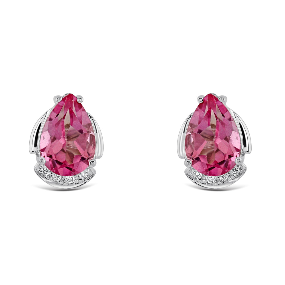 18ct White Gold Pear Cut Pink Topaz & Diamond Stud Earrings