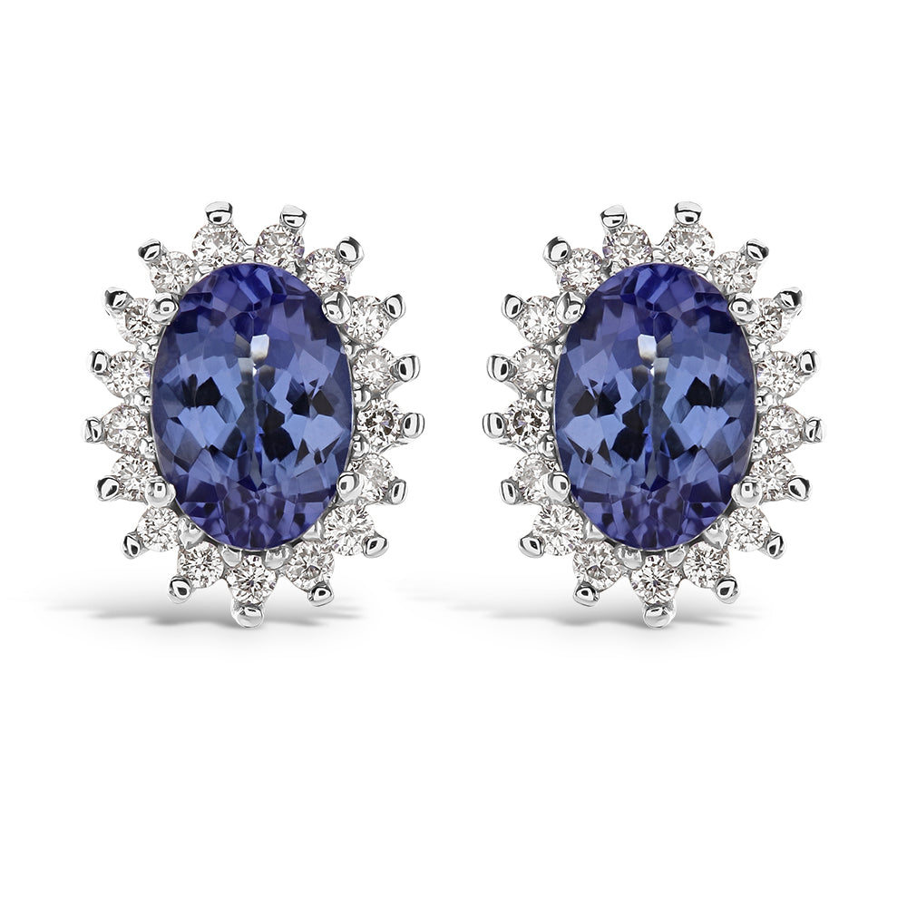 18ct White Gold Oval Cut Tanzanite & Diamond Cluster Stud Earrings