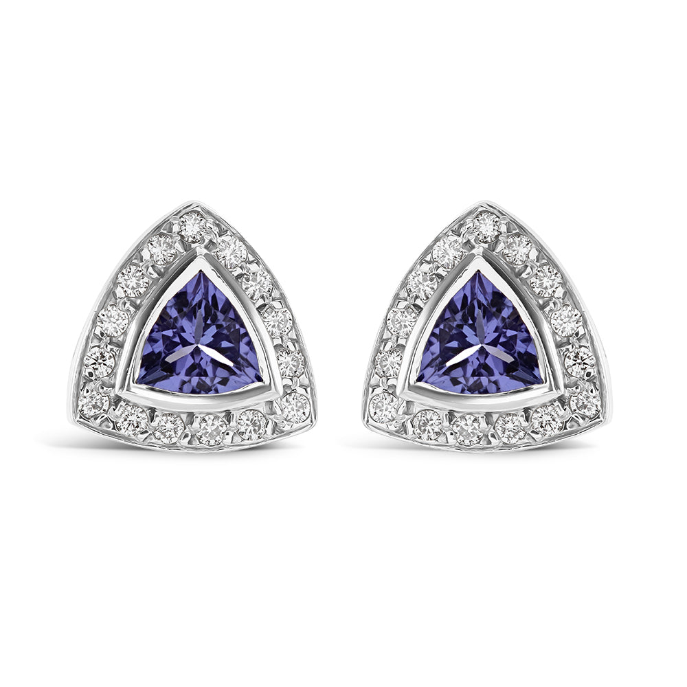 18ct White Gold Triangular Cut Tanzanite & Diamond Halo Cluster Stud Earrings
