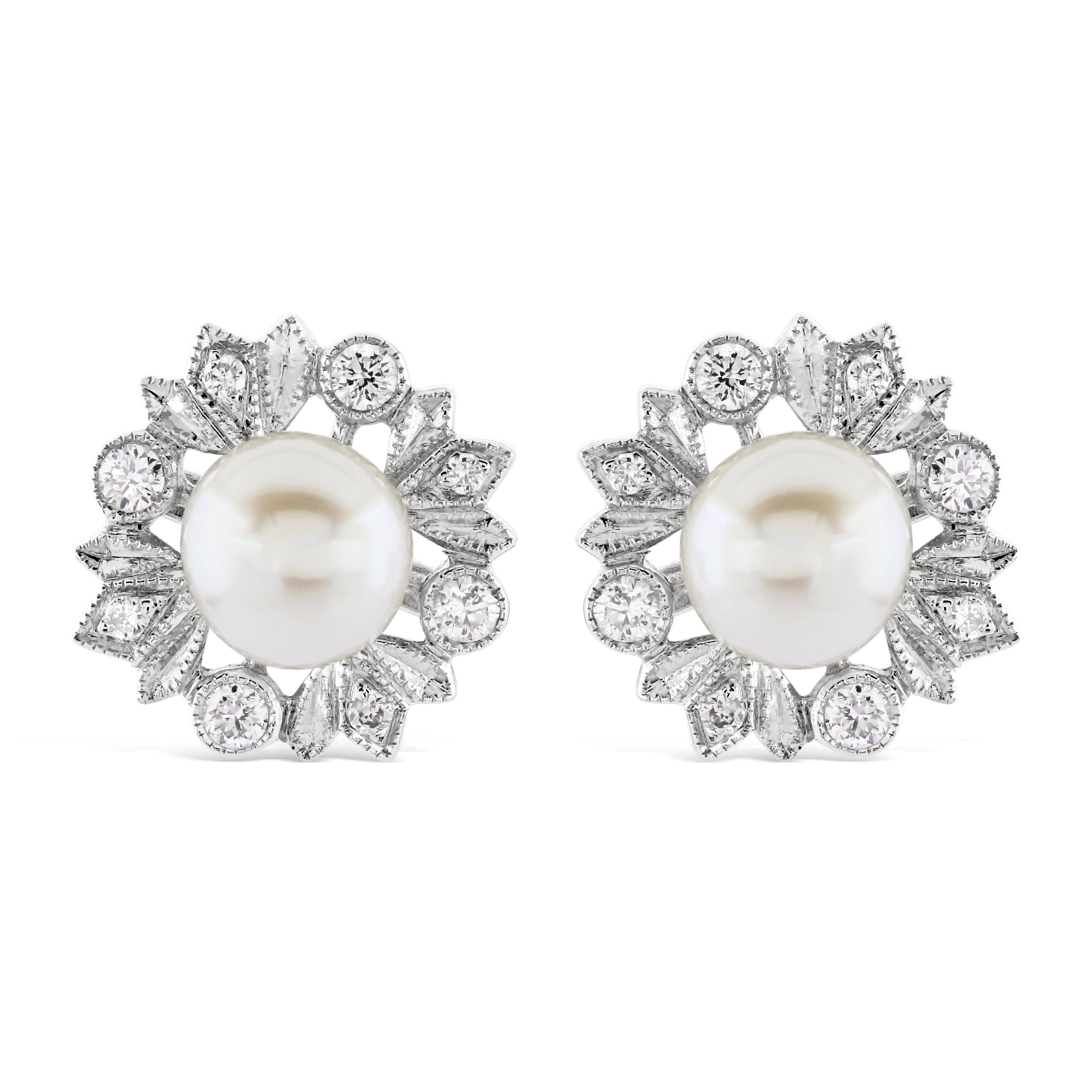 18ct White Gold Cultured Pearl & Diamond Round Stud Earrings