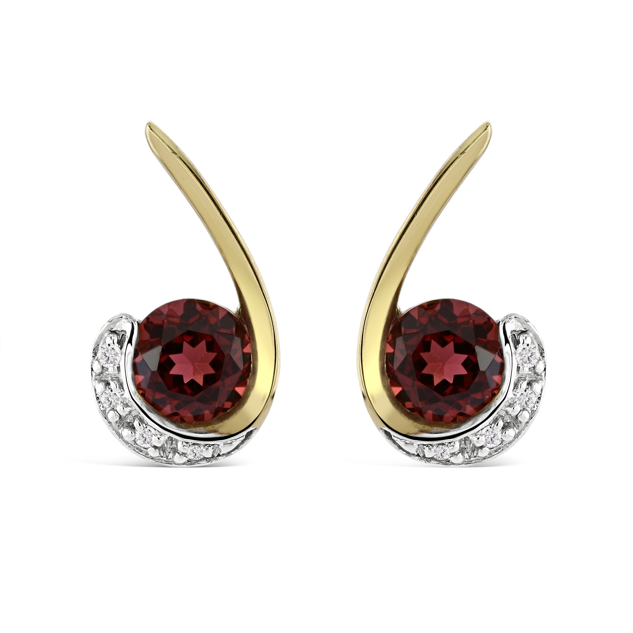 9ct Yellow Gold Round Cut Garnet & Diamond Swirl Stud Earrings