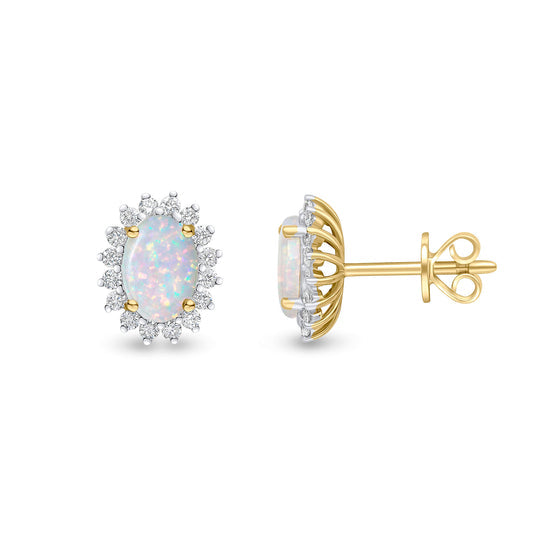 18ct Yellow Gold Oval Opal & Diamond Claw Set Cluster Stud Earrings 7x5mm