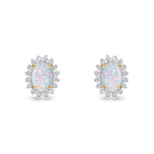 18ct Yellow Gold Oval Opal & Diamond Claw Set Cluster Stud Earrings 7x5mm