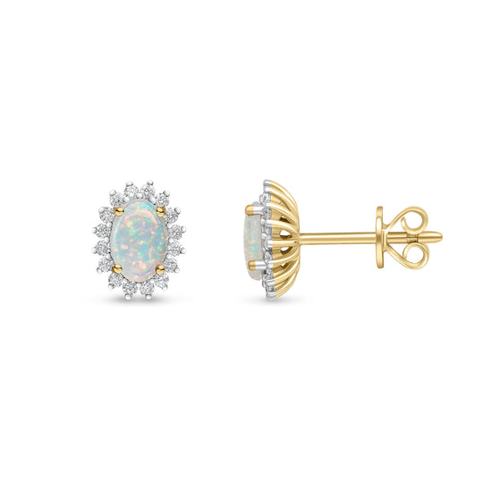 18ct Yellow Gold Oval Opal & Diamond Claw Set Cluster Stud Earrings 6x4mm