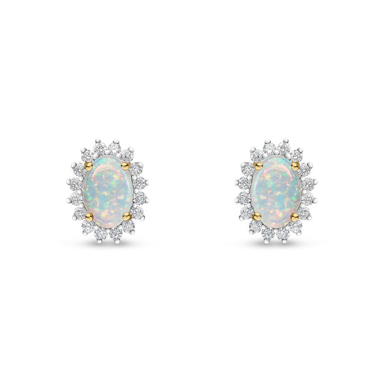 18ct Yellow Gold Oval Opal & Diamond Claw Set Cluster Stud Earrings 6x4mm