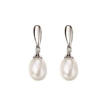 9ct White Gold Cultured Freshwater Pearl & Diamond Drop Earrings