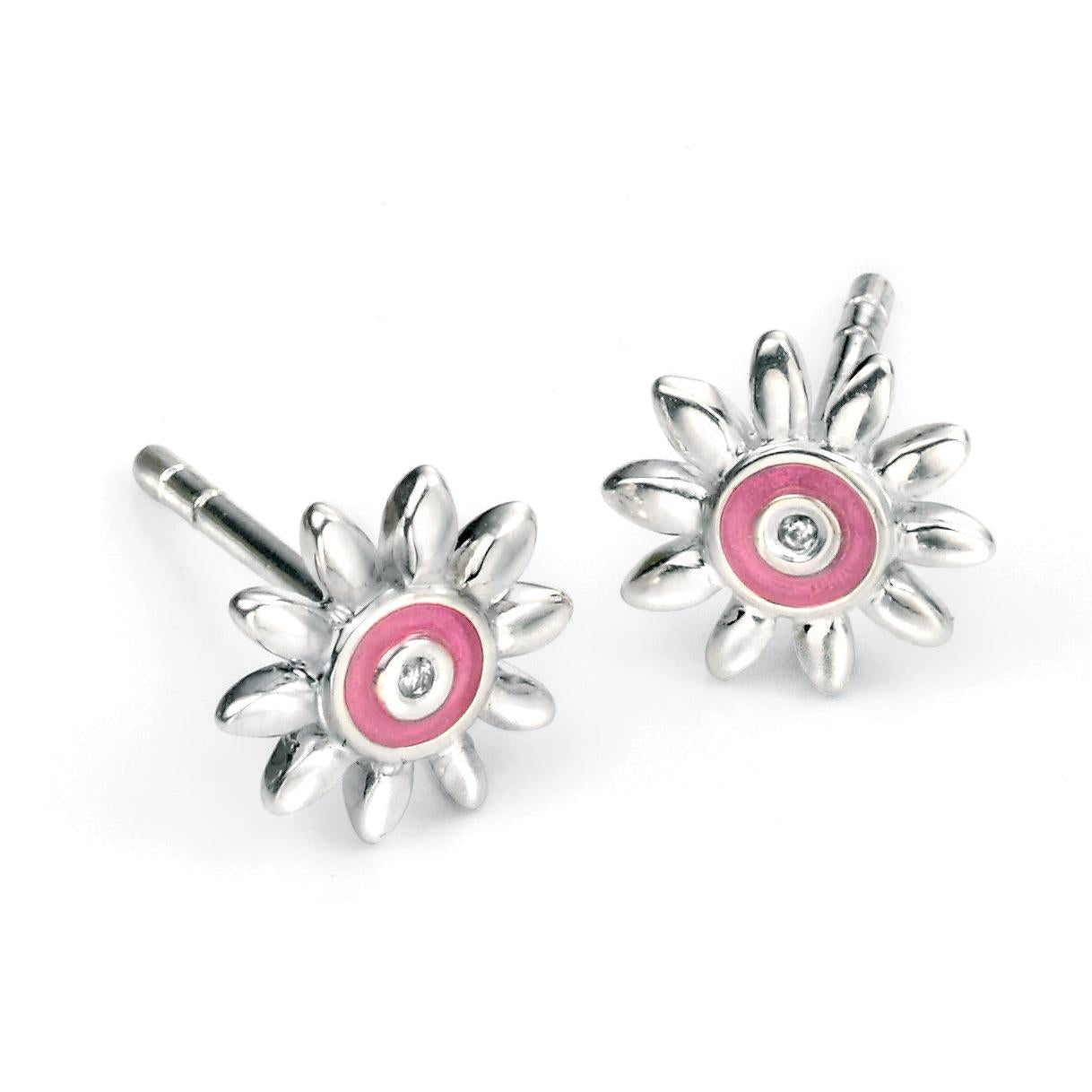 Silver & Pink Enamel Daisy Stud Earrings