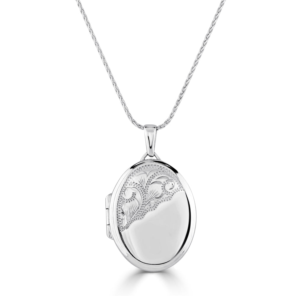 9ct White Gold Half Engraved Oval Locket