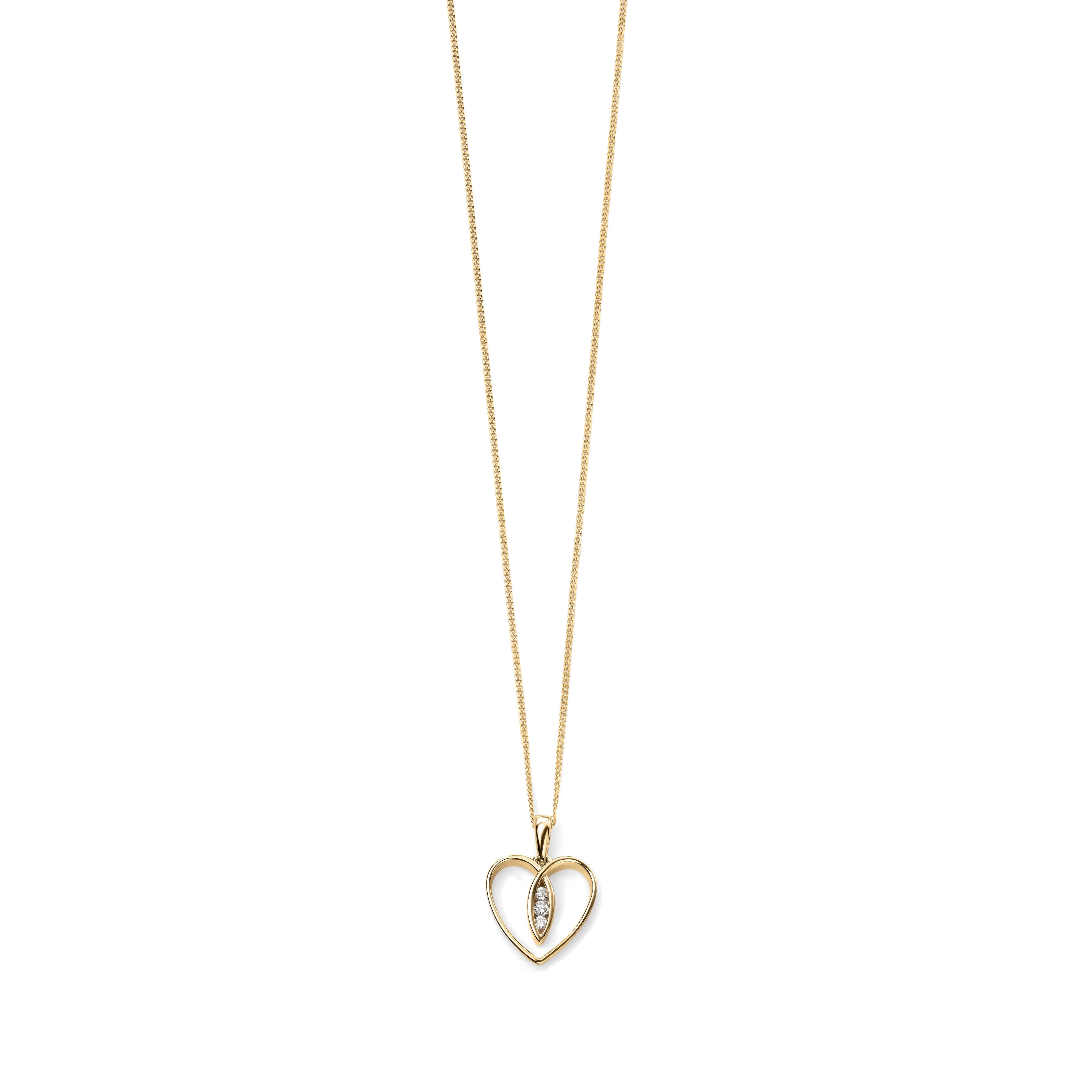 9ct Yellow Gold Diamond Set Open Heart Pendant & Chain