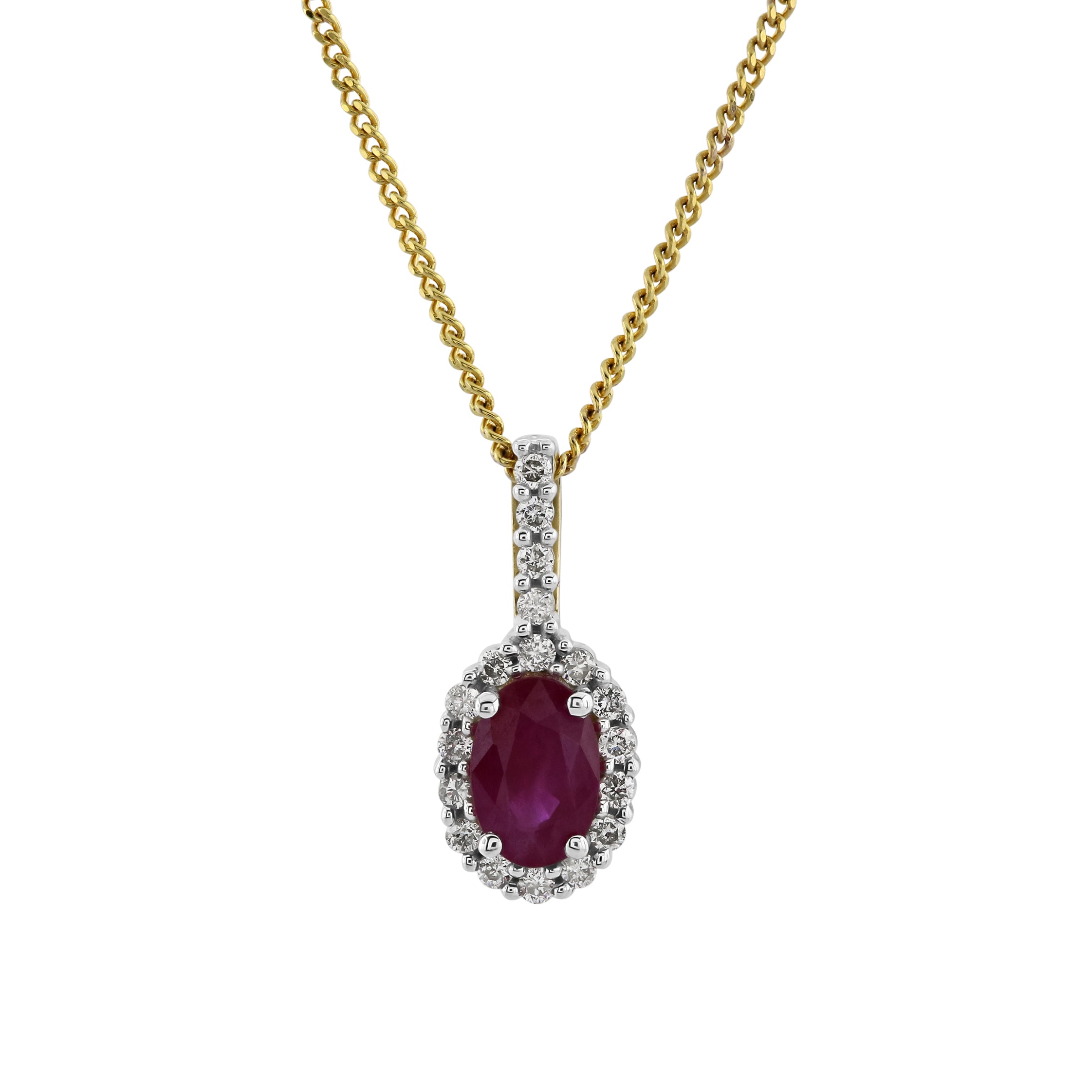 18ct Yellow Gold Oval Ruby and Diamond Cluster Pendant