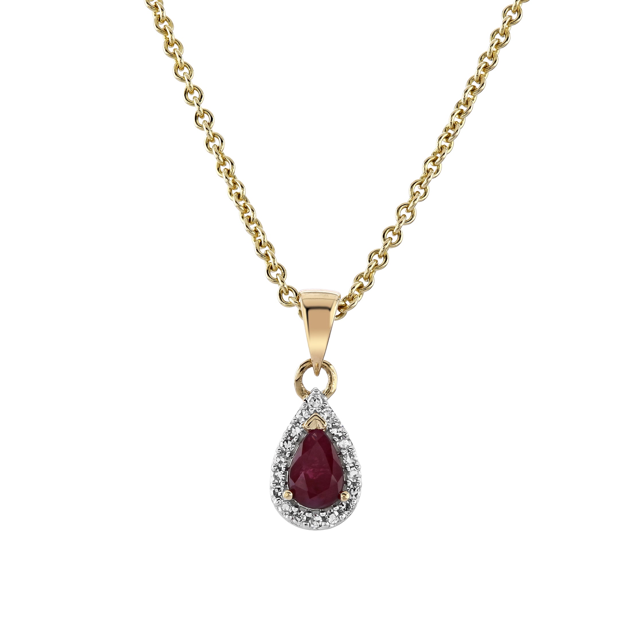 9ct Yellow Gold Ruby and Diamond Tear Drop Cluster Pendant