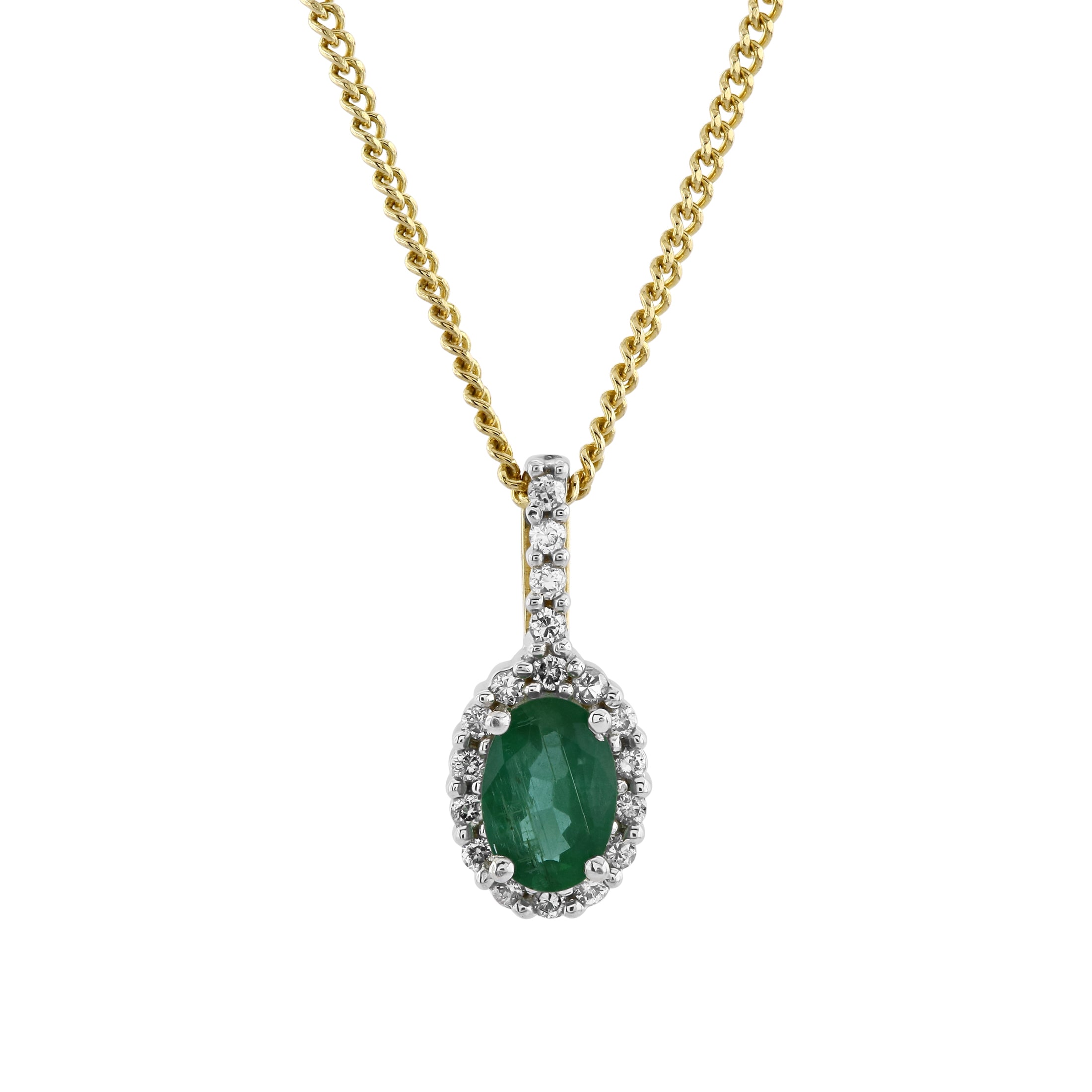 9ct Yellow and White Gold Oval Emerald and Diamond Cluster Pendant