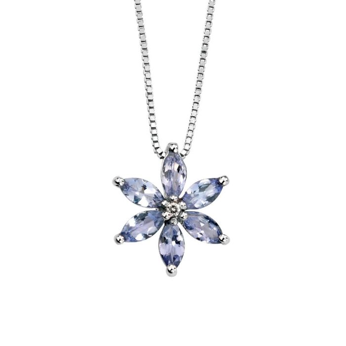 9ct White Gold Marquise Cut Tanzanite & Diamond Flower Pendant