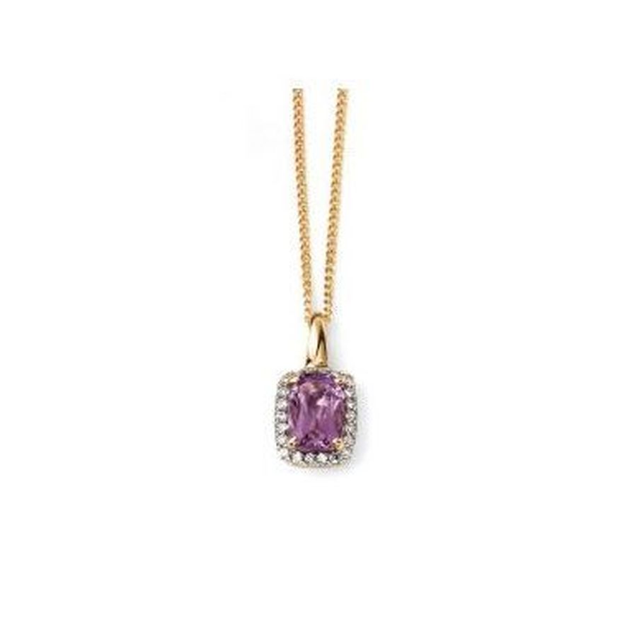 9ct Yellow Gold Amethyst & Diamond Halo Cluster Pendant