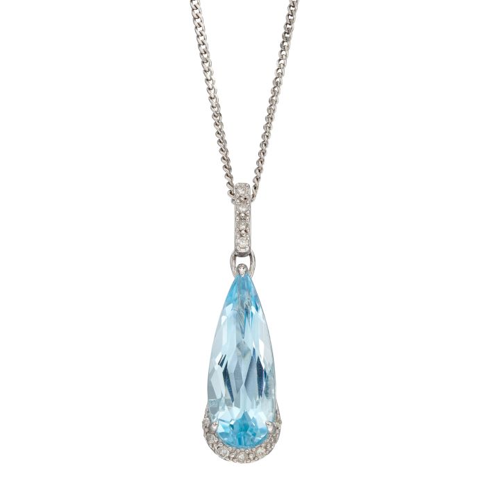 9ct White Gold Teardrop Blue Topaz and Diamond pendant