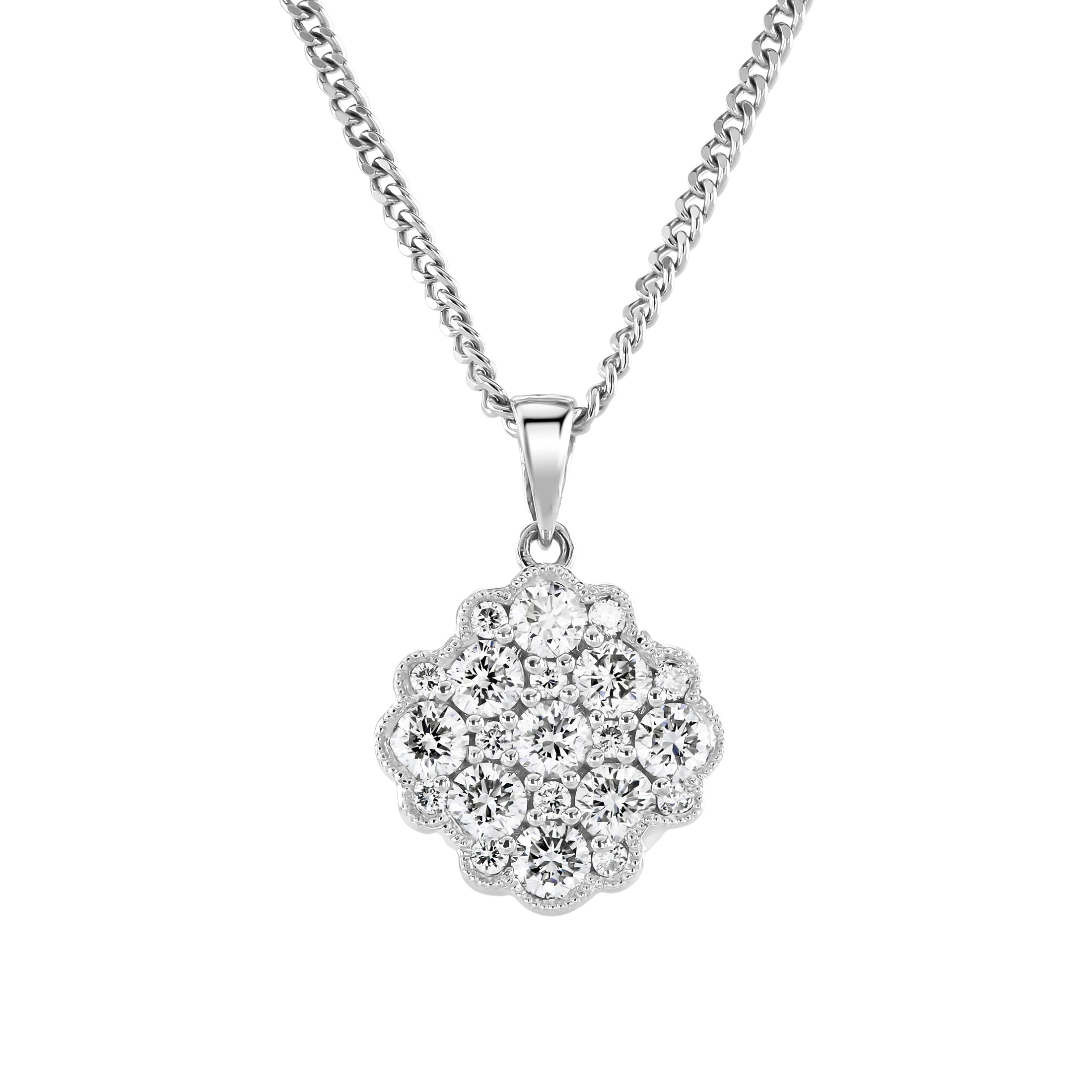 18ct White Gold Millegrain Set 9-Round Brilliant Cut Diamond Cluster Pendant & Chain