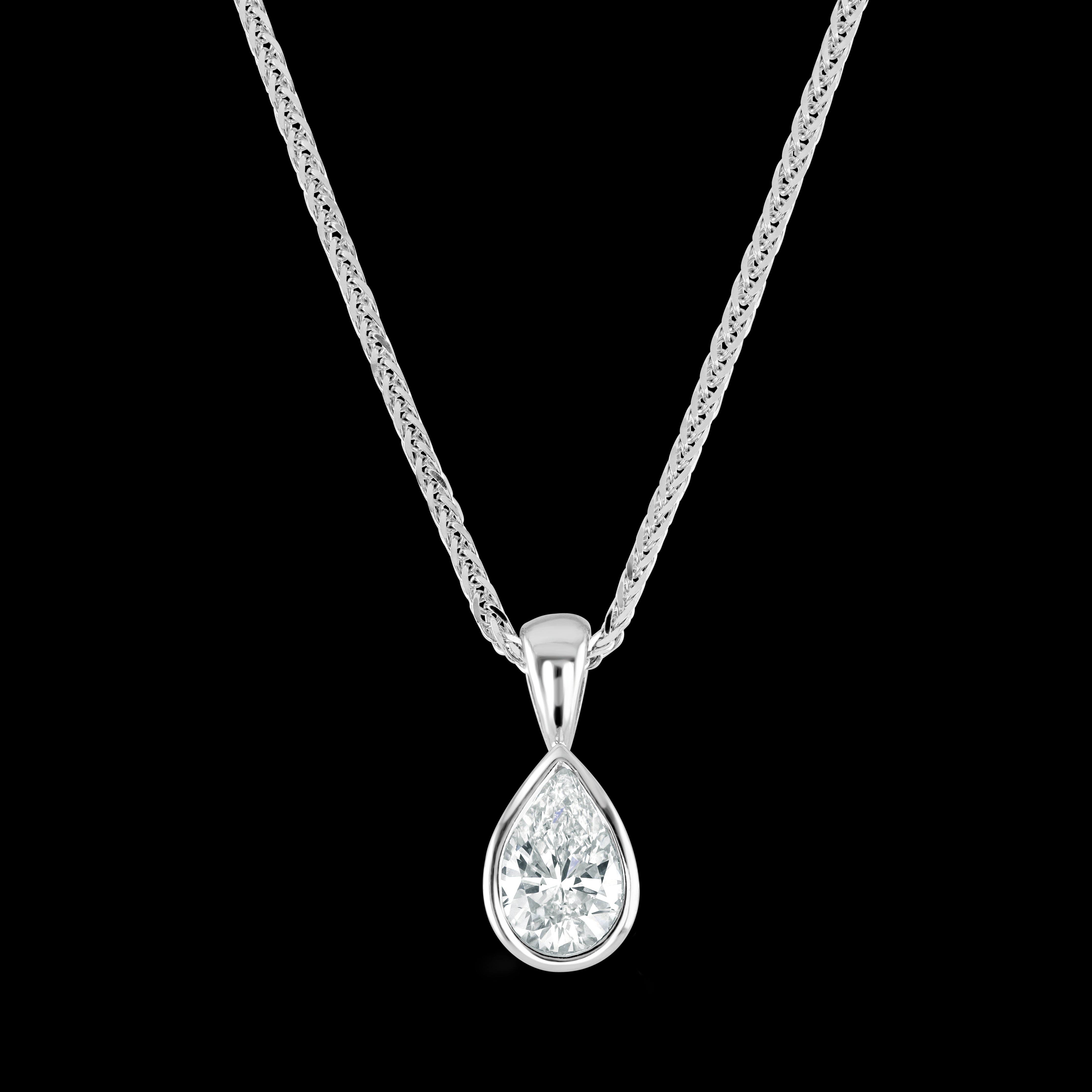 18ct White Gold Rubover Set 0.60ct Pear Cut Diamond Pendant & Chain