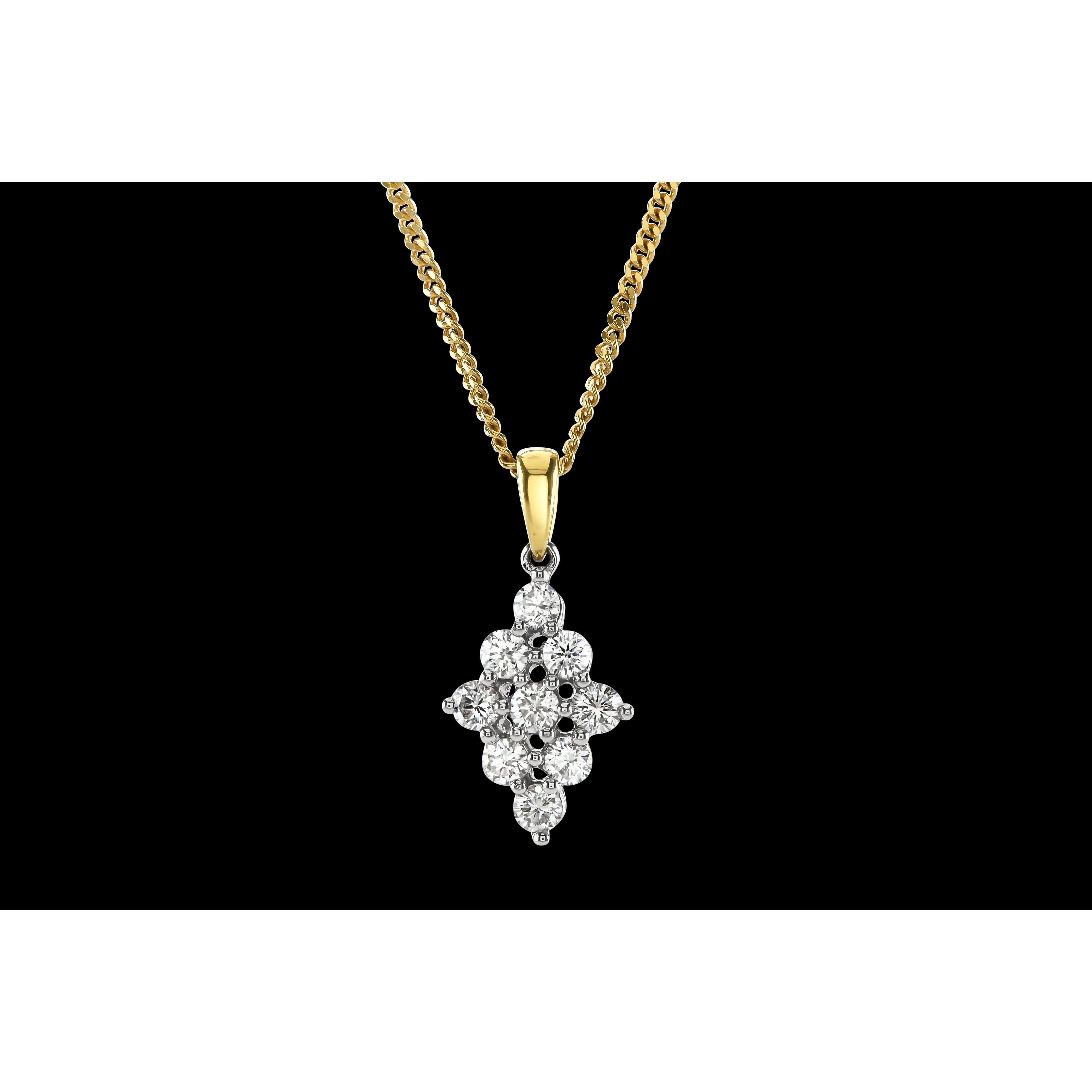 18ct Yellow Gold 9-Round Brilliant Cut Diamond Cluster Pendant & Chain