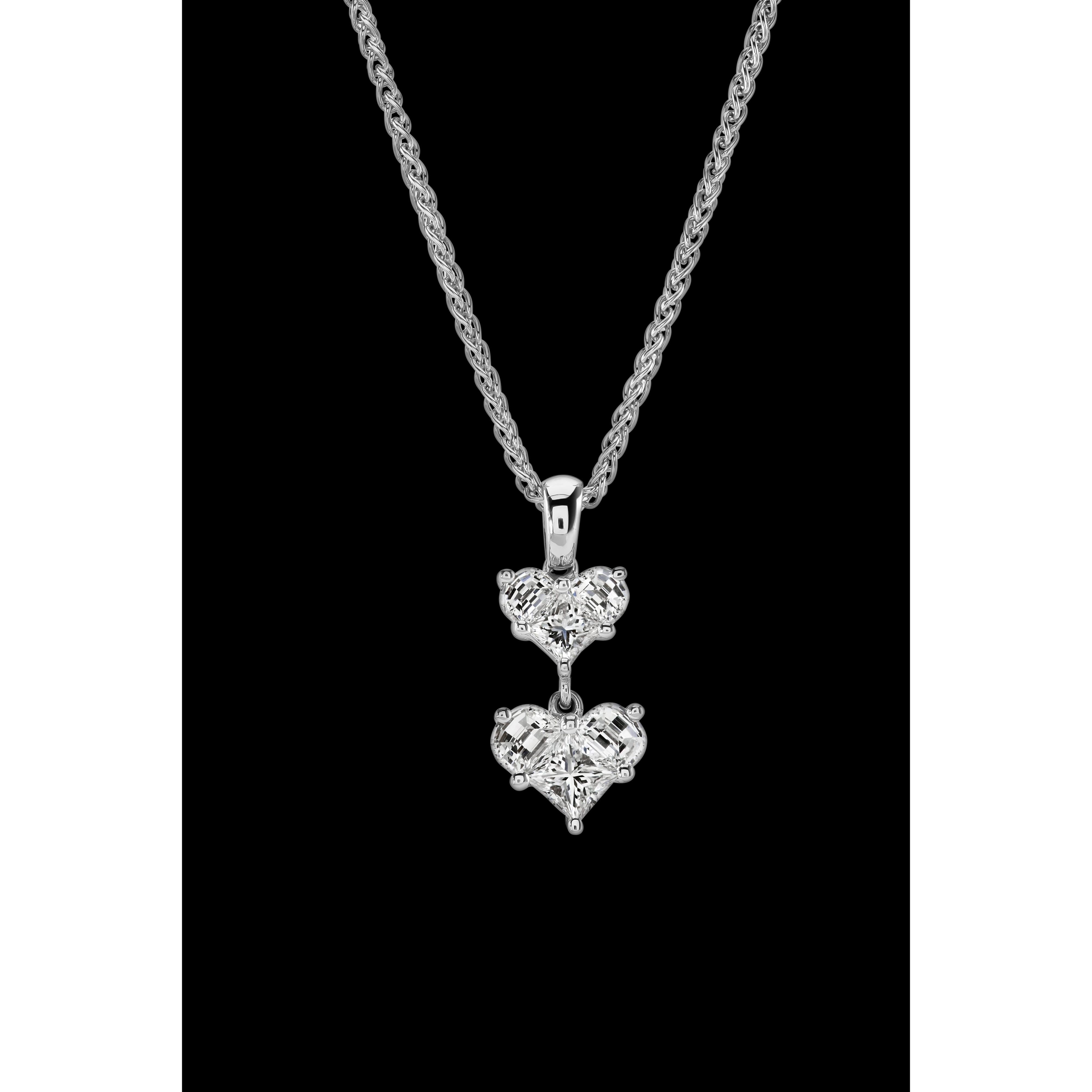 18ct White Gold Diamond Set Double Heart Drop Pendant & Chain