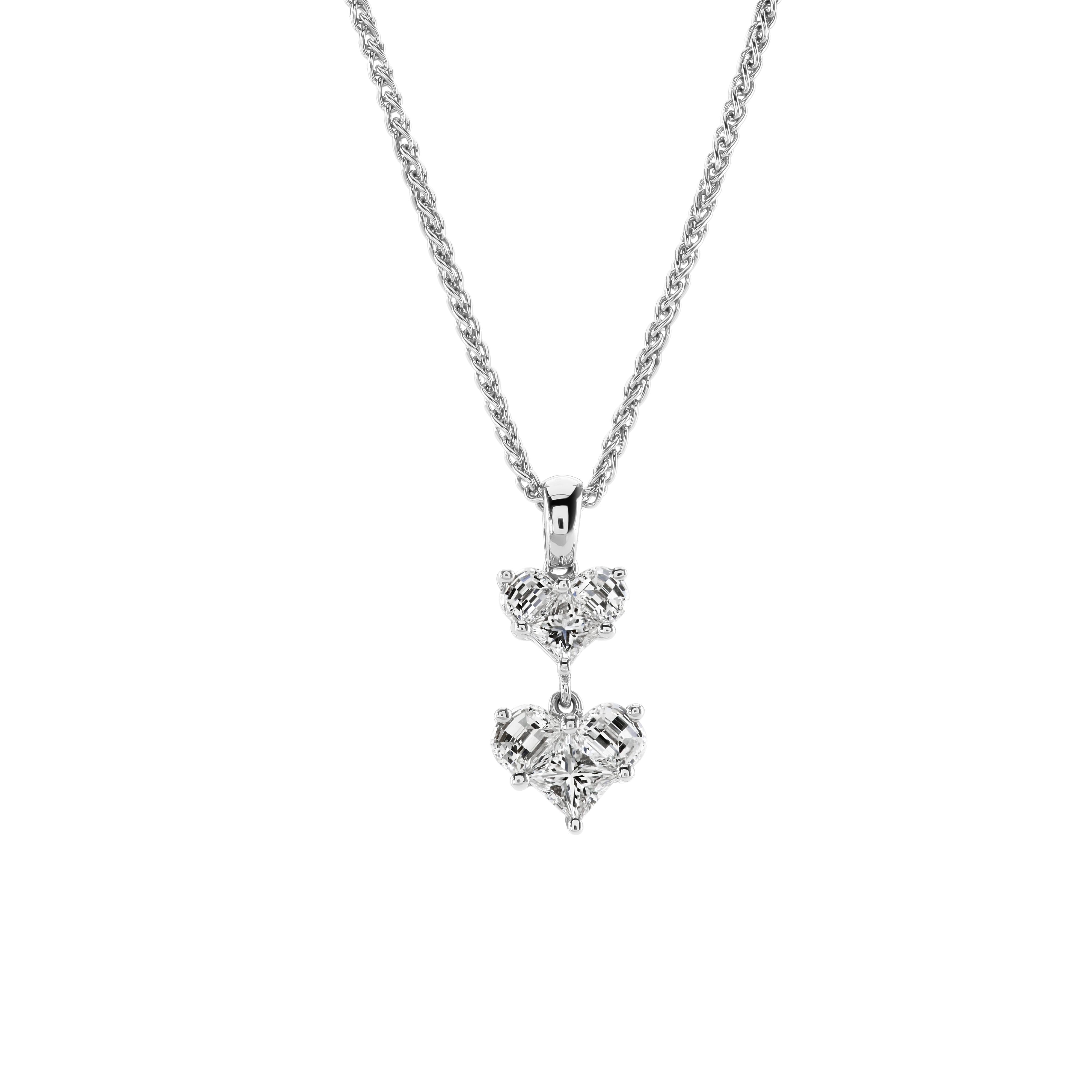 18ct White Gold Diamond Set Double Heart Drop Pendant & Chain