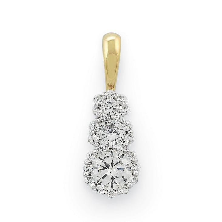 18ct Yellow Gold Round Brilliant Cut Diamond Triple Cluster Drop Pendant