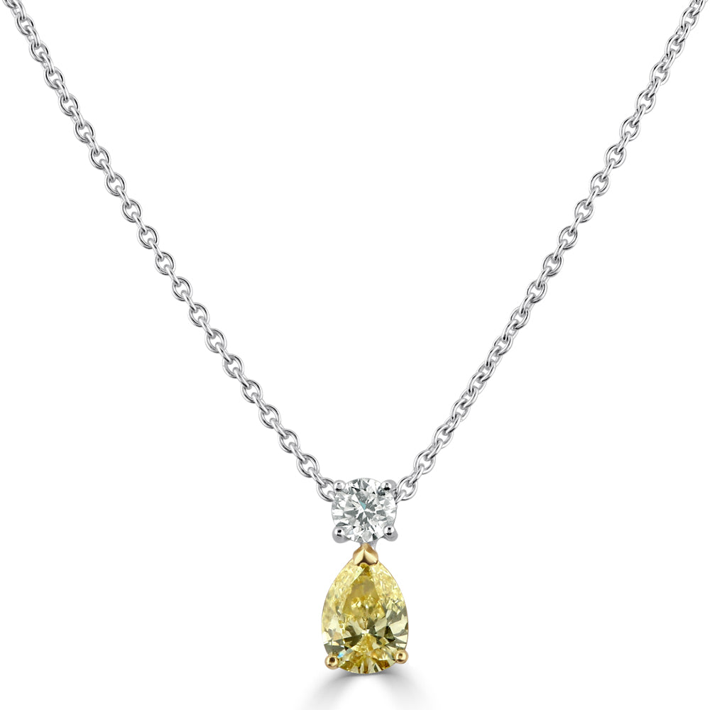 18ct White Gold Pear Cut Fancy Yellow Diamond & Round Brilliant Cut Diamond Drop Pendant