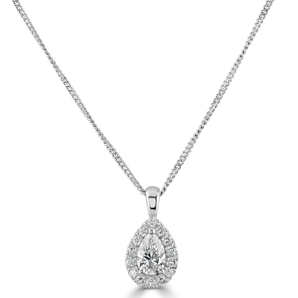 18ct White Gold Pear Cut Diamond Halo Cluster Pendant