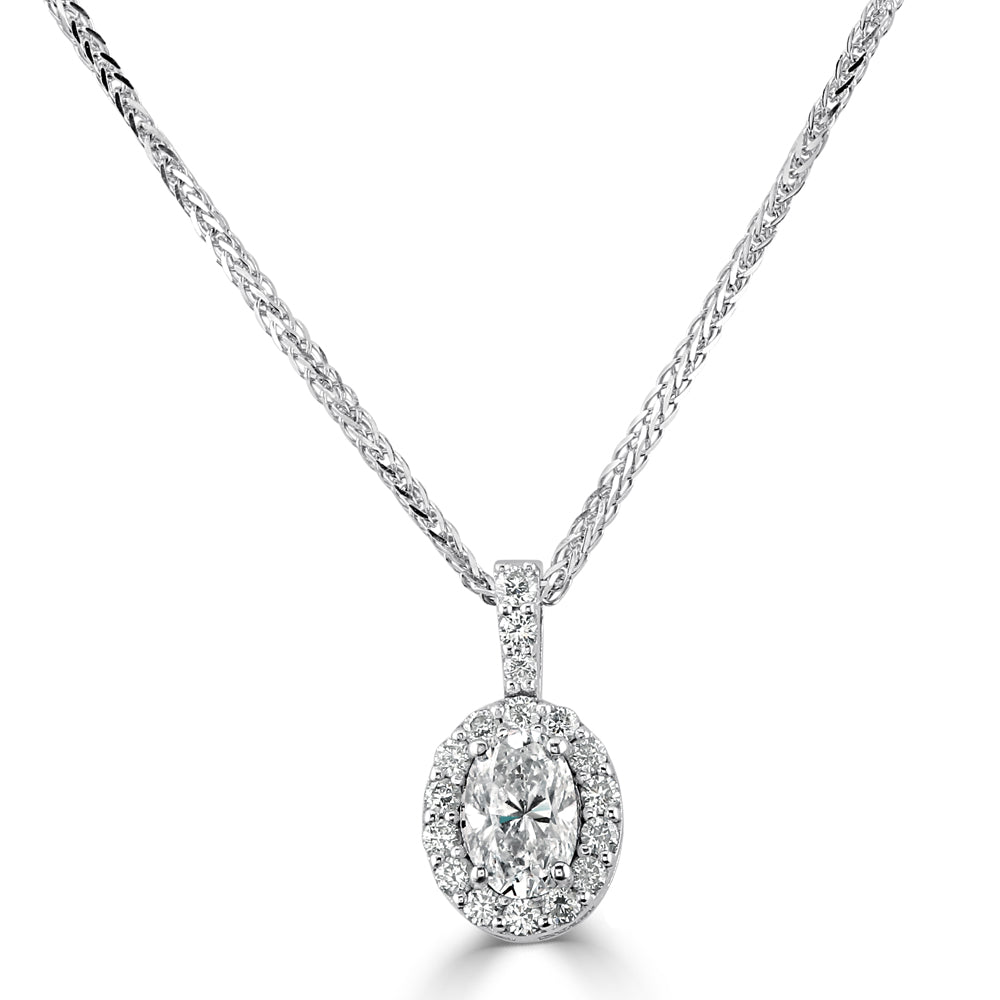 18ct White Gold Oval Cut Diamond Halo Cluster Pendant