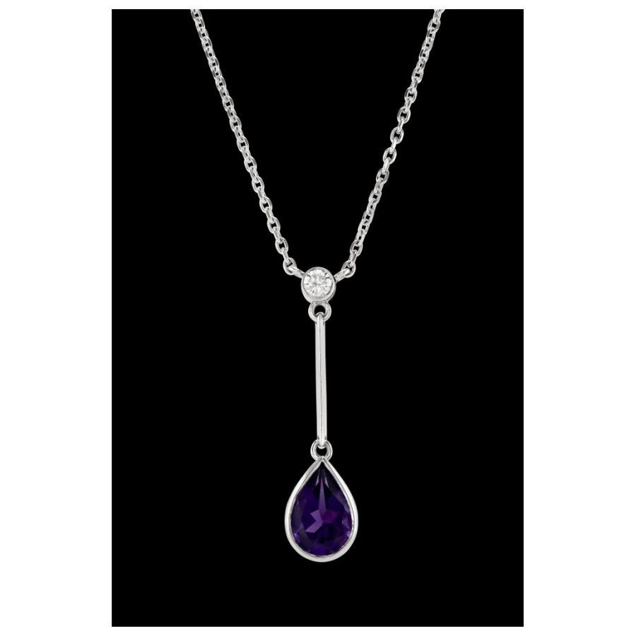 18ct White Gold Pear Cut Amethyst & Diamond Long Drop Pendant & Chain