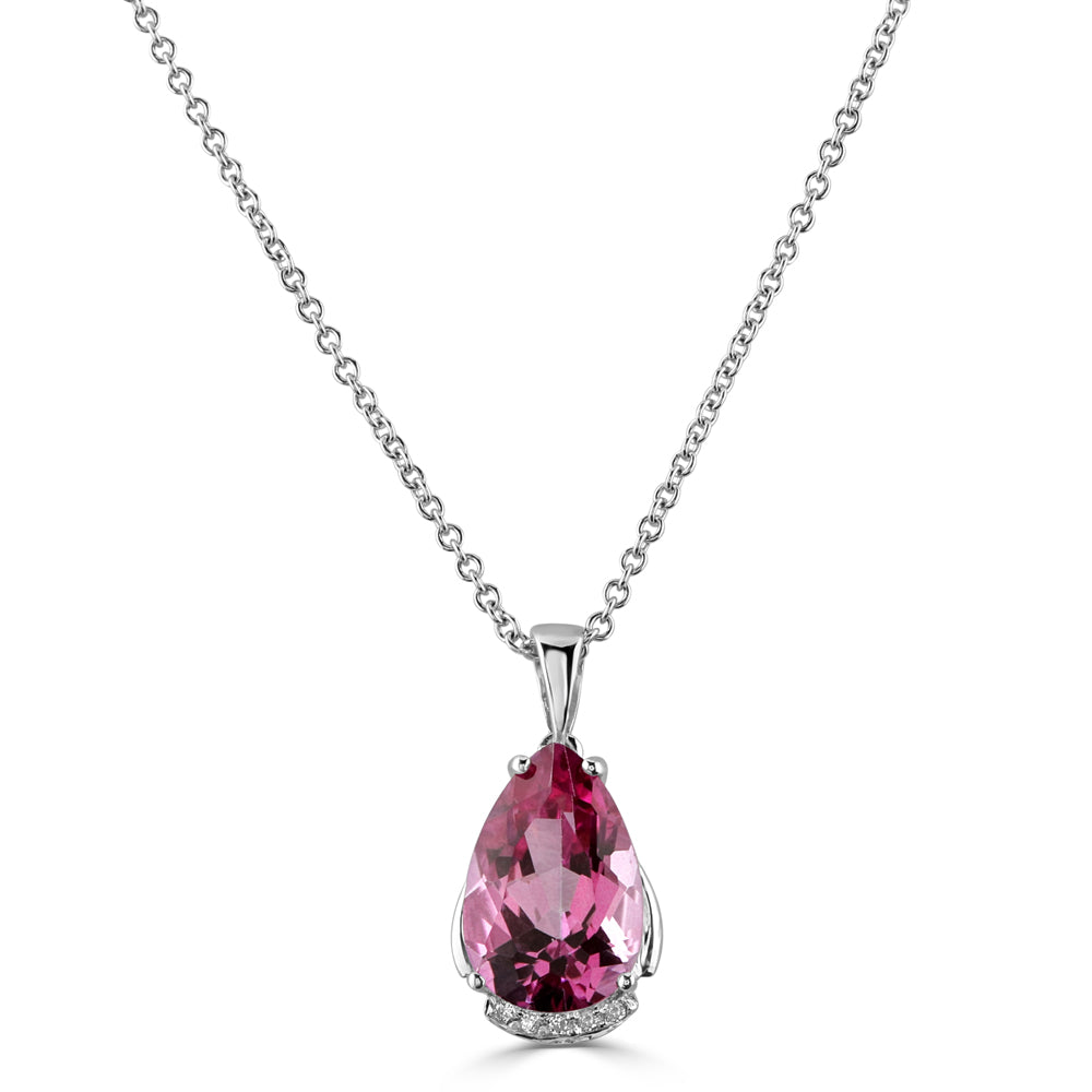 18ct White Gold Pear Cut Pink Topaz & Diamond Pendant & Chain