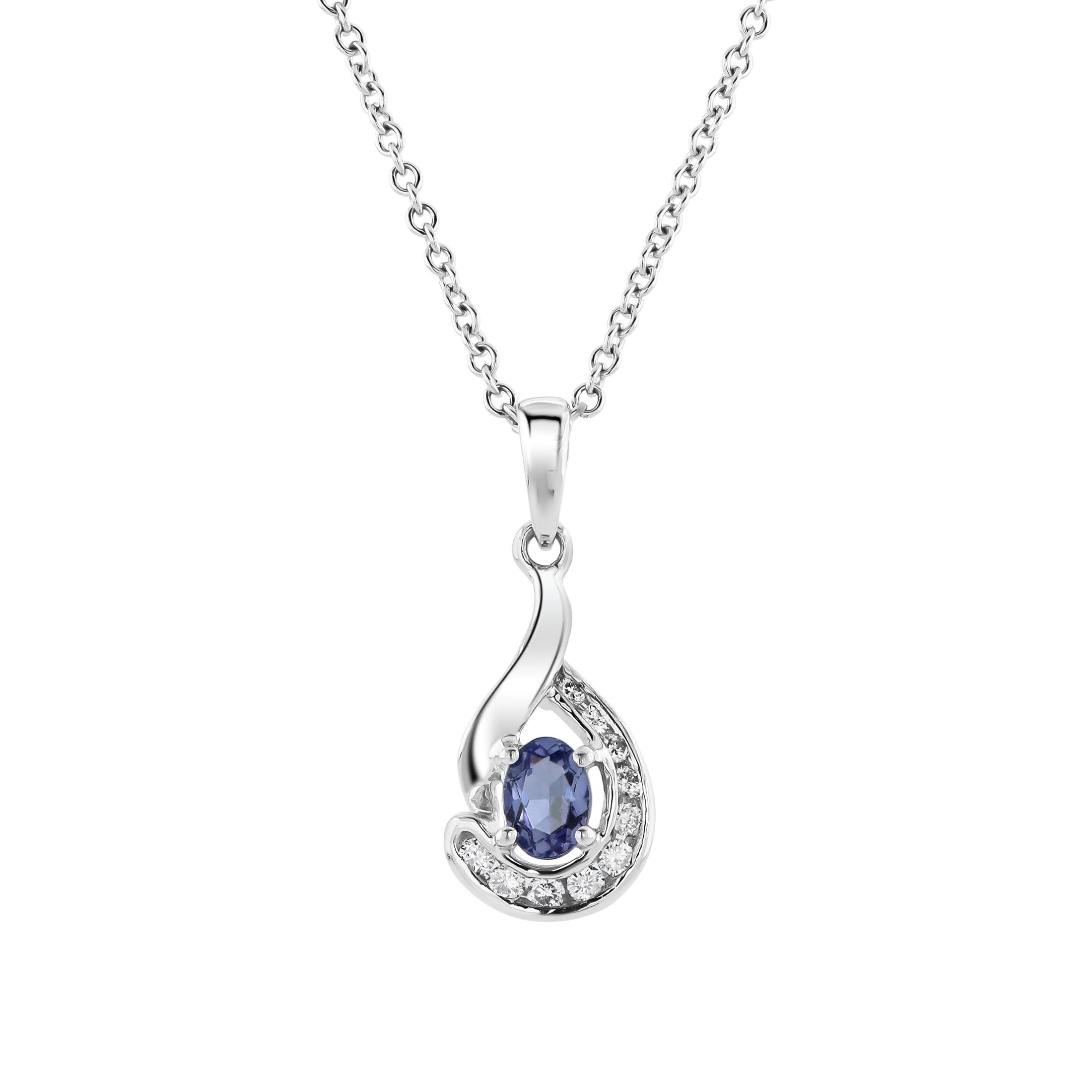 18ct White Gold Oval Cut Tanzanite & Diamond Teardrop Shaped Pendant & Chain