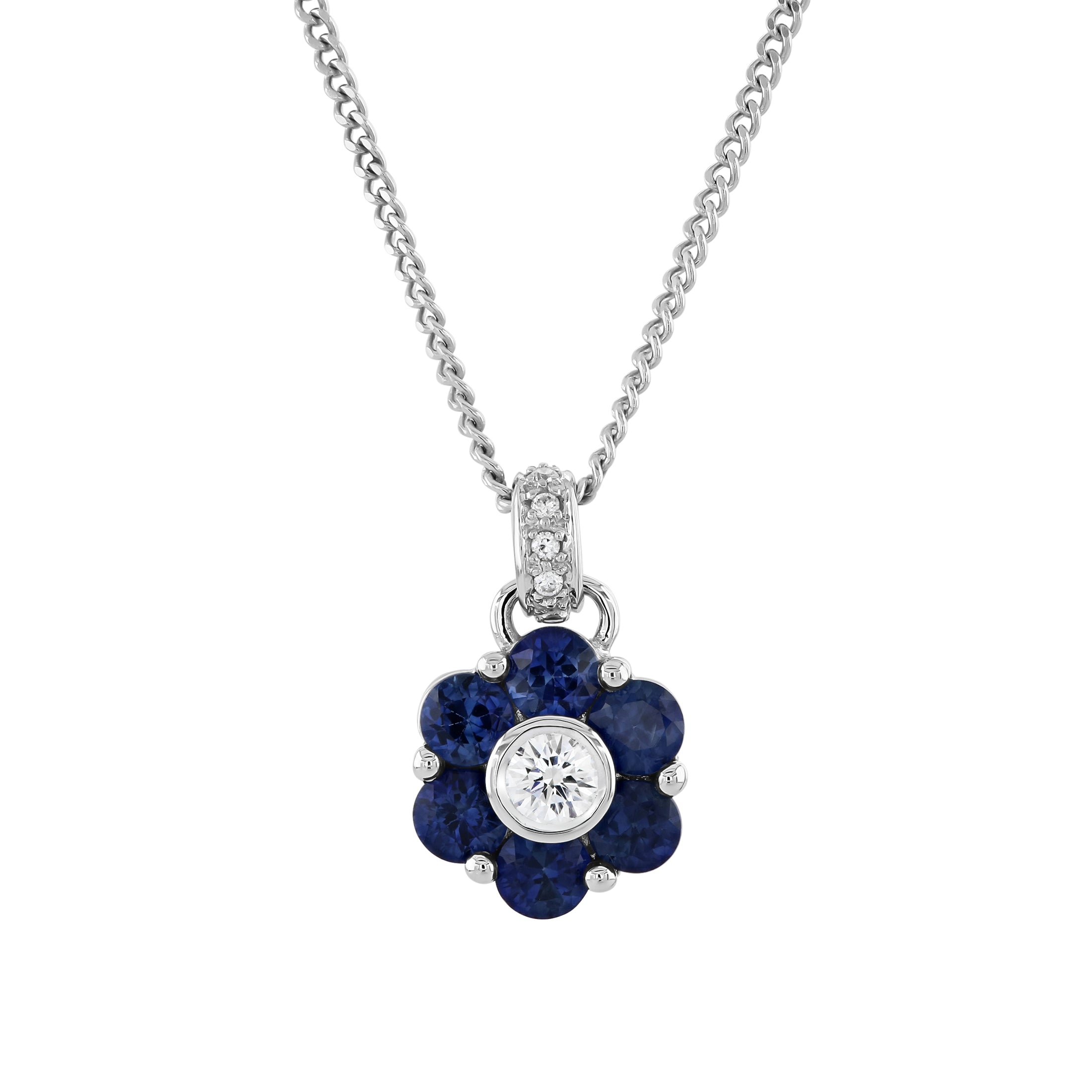 18ct White Gold Sapphire & Diamond Round Cluster Pendant & Chain