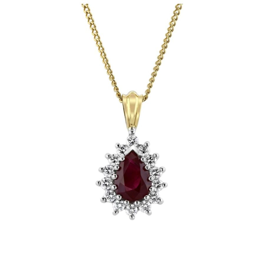 18ct Yellow Gold Pear Cut Ruby & Diamond Cluster Pendant