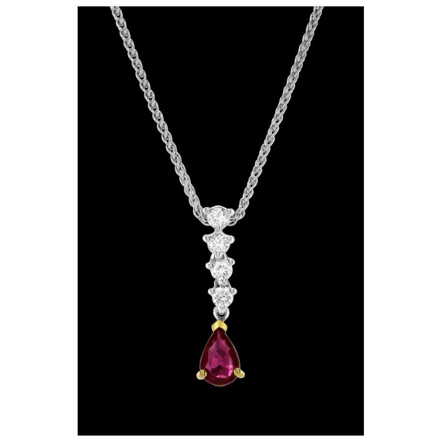 18ct Gold Yellow and White Gold Teardrop Ruby and Diamond Pendant and Chain