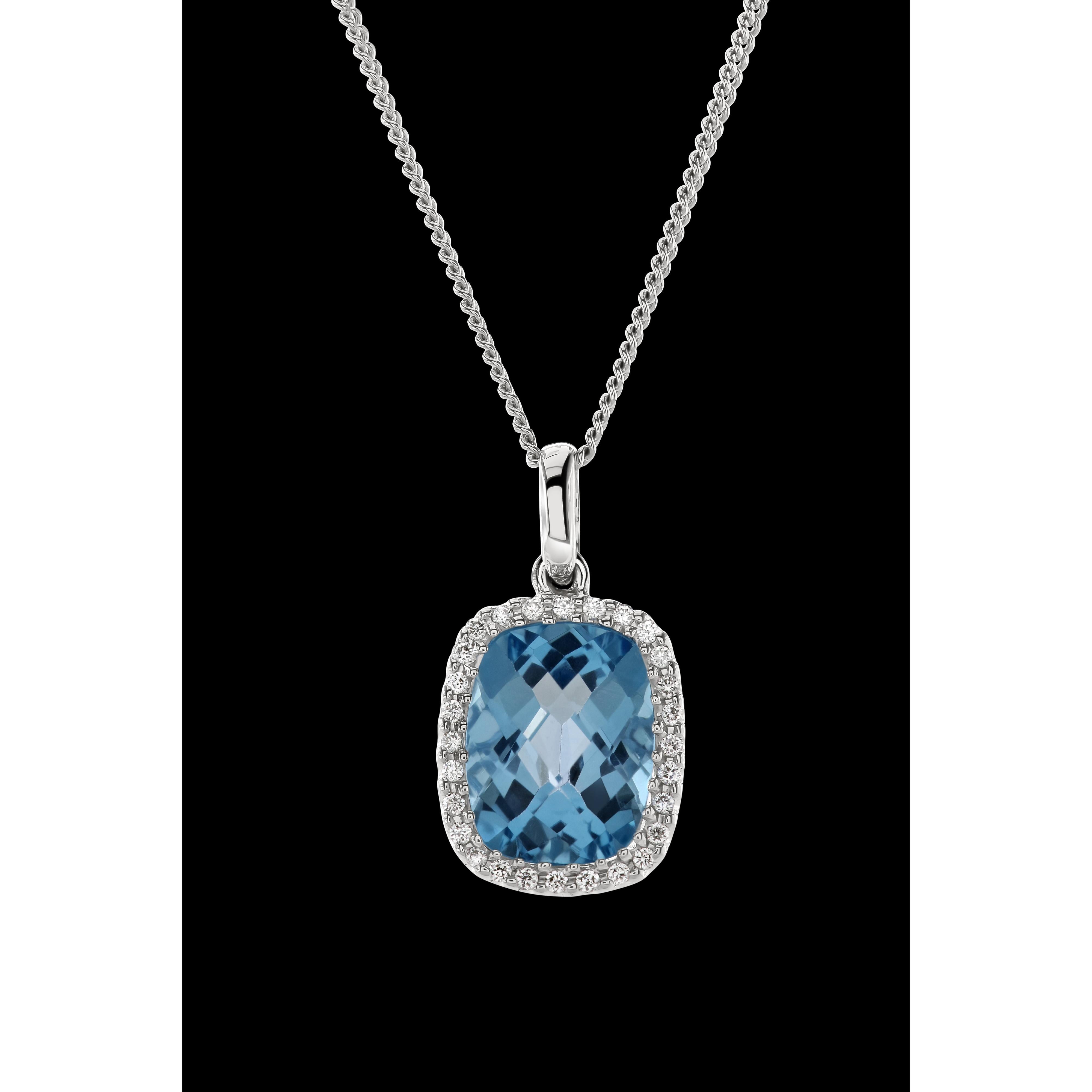 18ct White Gold Cushion Cut Blue Topaz & Diamond Halo Cluster Pendant