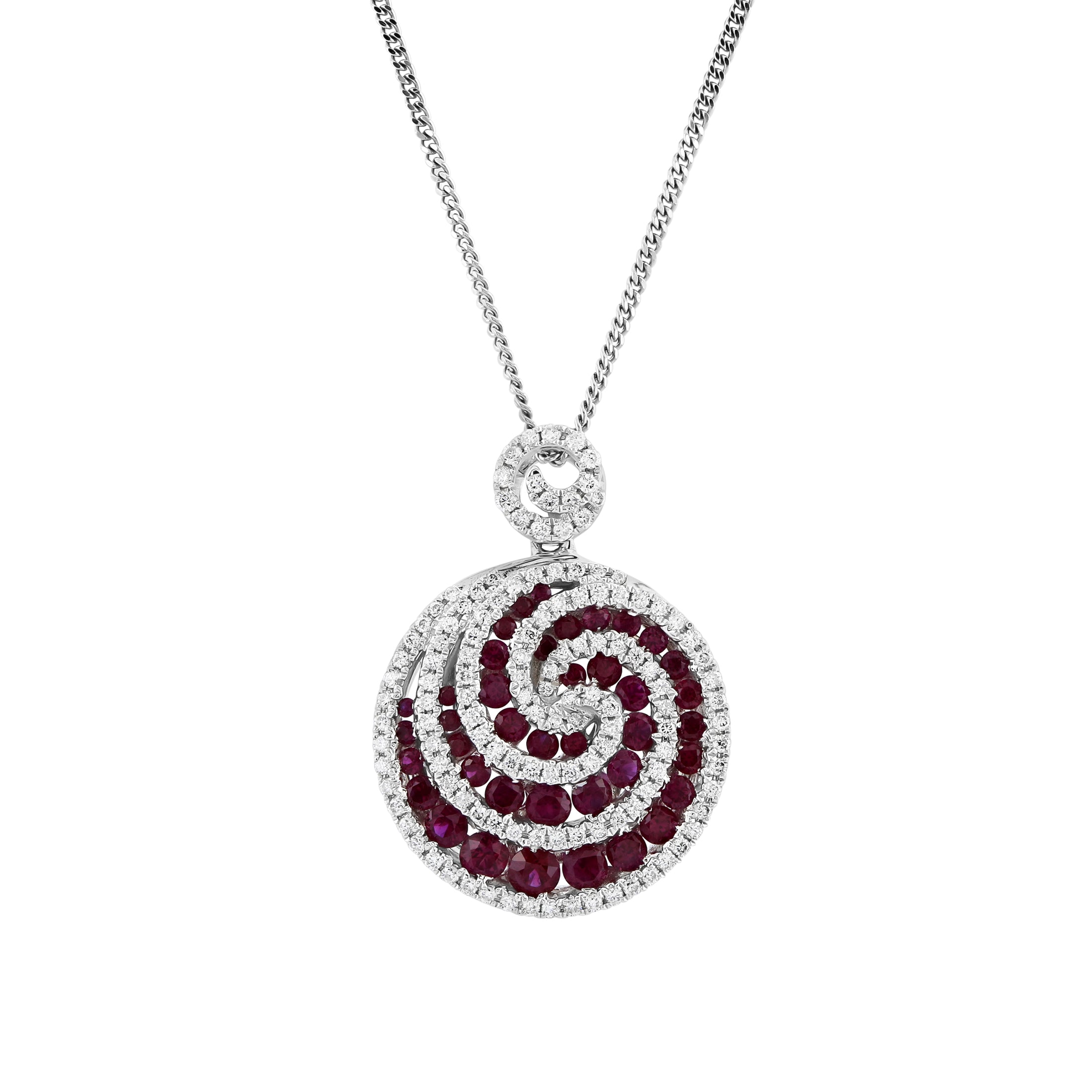 18ct White Gold Ruby & Diamond Round Swirl Pendant