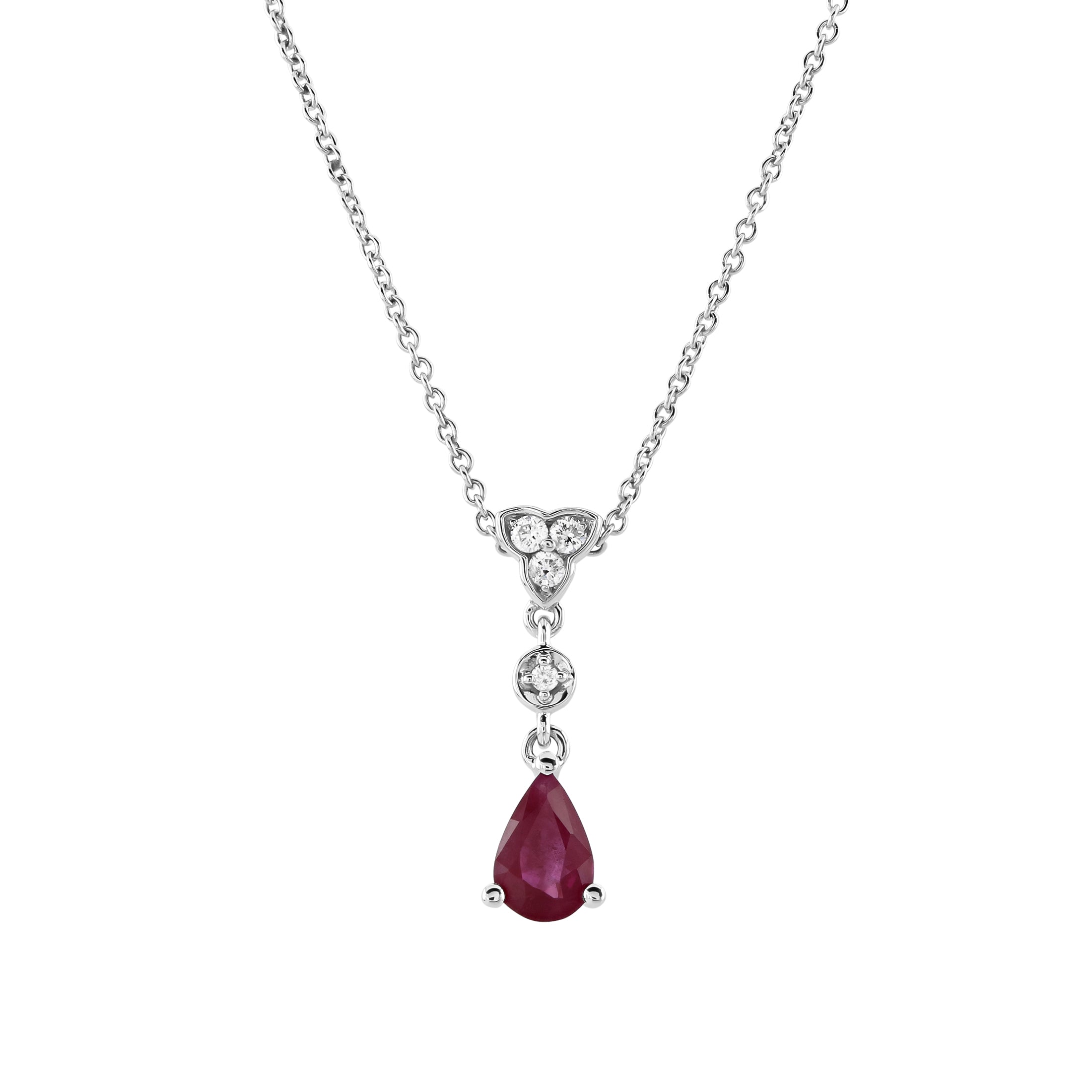 18ct White Gold Pear Cut Ruby & Diamond Drop Pendant & Chain