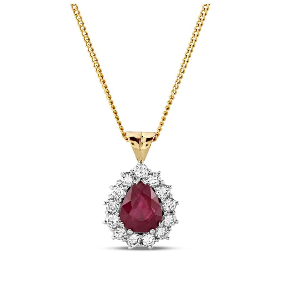 18ct Yellow Gold Pear Cut Ruby & Diamond Cluster Pendant & Chain