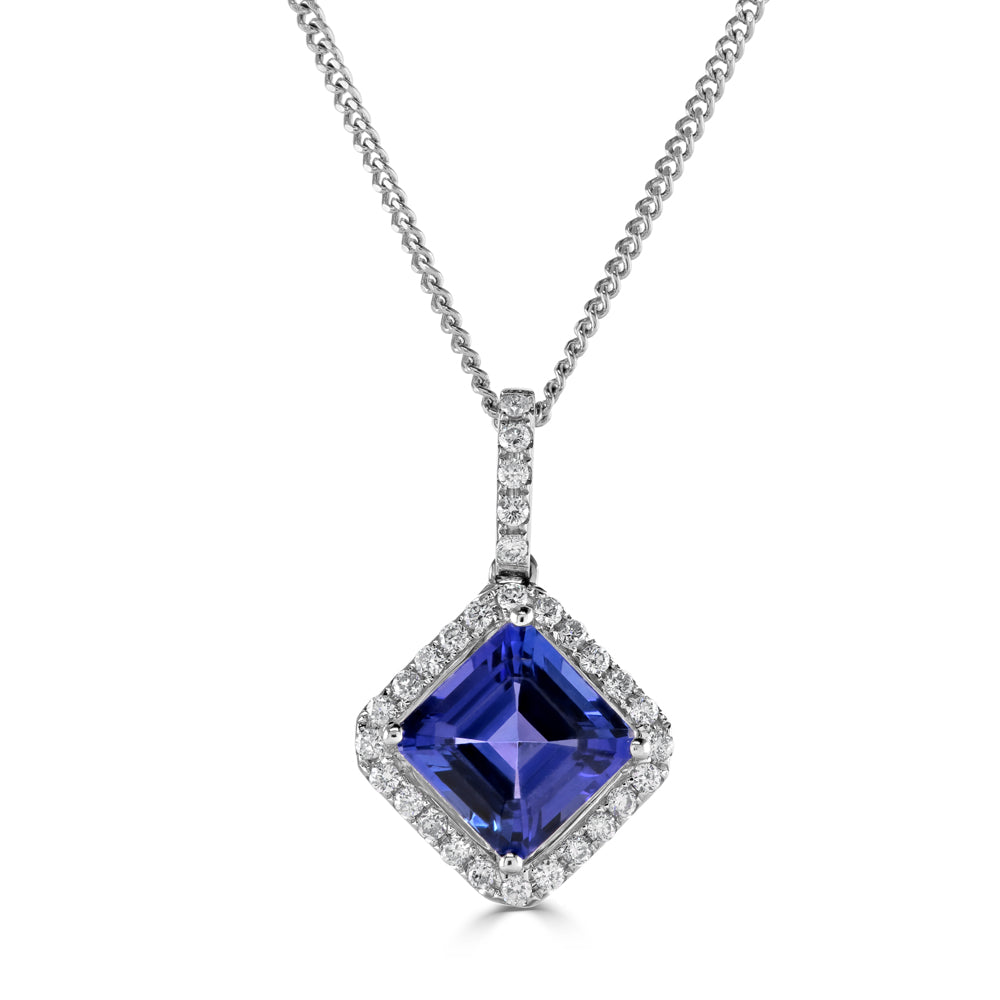 18ct White Gold Square Cut Tanzanite & Diamond Halo Cluster Pendant
