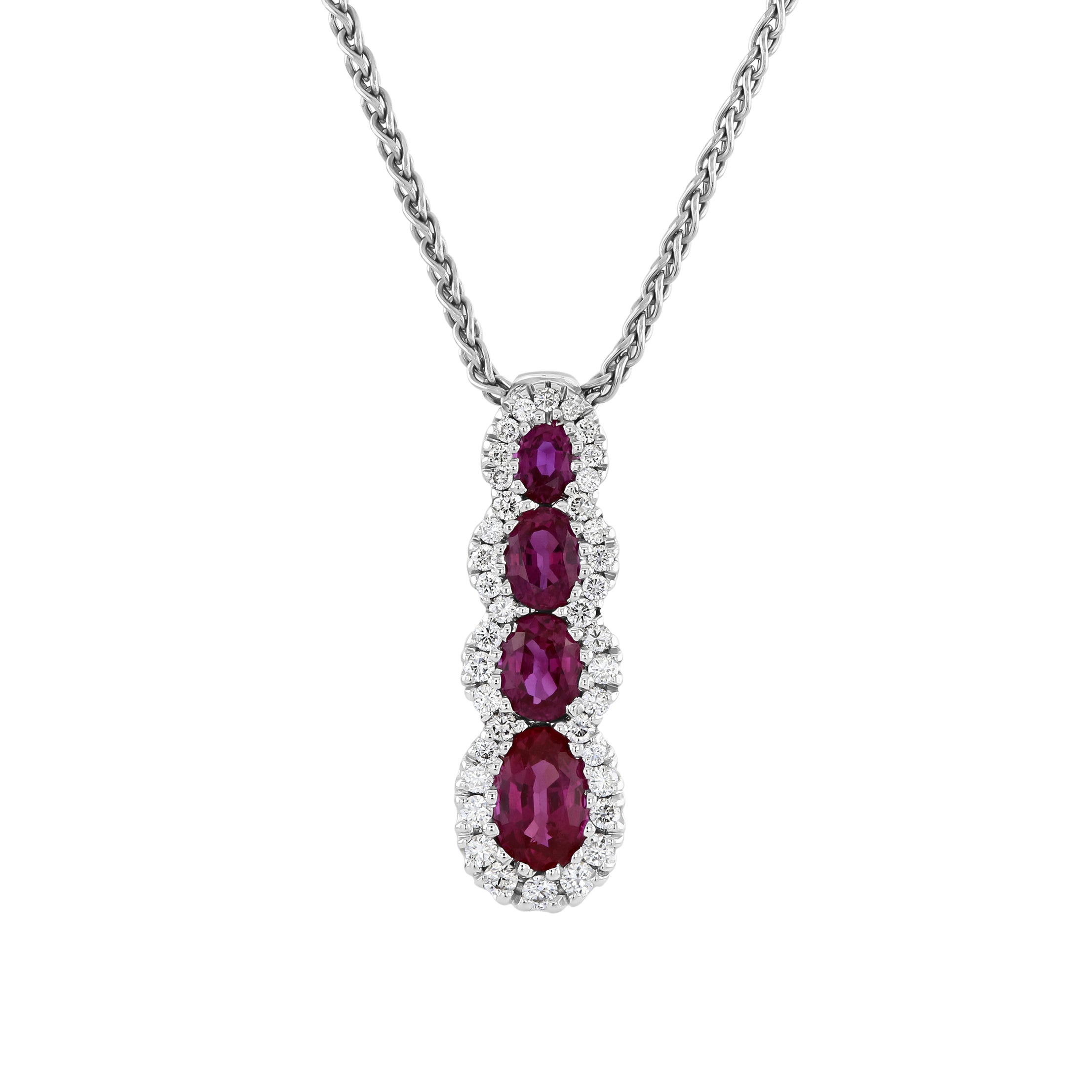 18ct White Gold Graduated Oval Cut Ruby & Diamond Halo Cluster Pendant & Chain