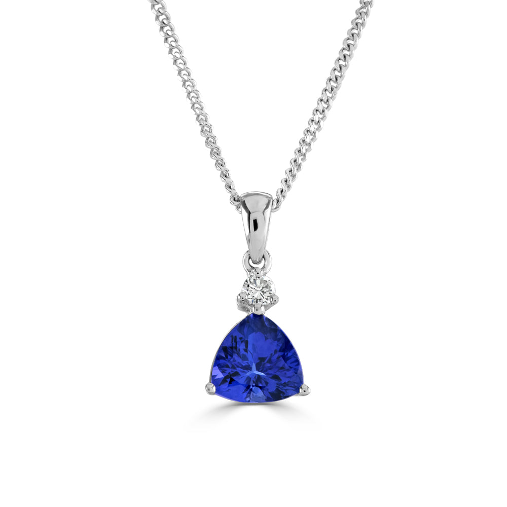 18ct White Gold Trilliant Cut Tanzanite & Round Brilliant Cut Diamond Pendant