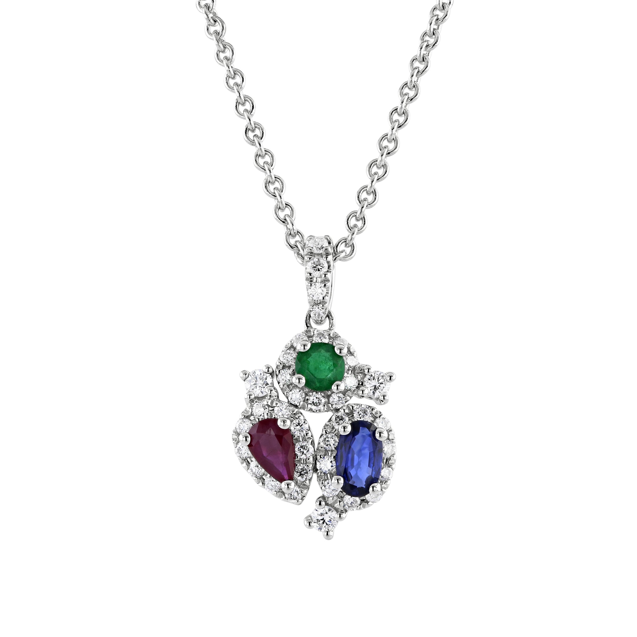18ct White Gold Sapphire, Ruby, Emerald & Diamond Pendant