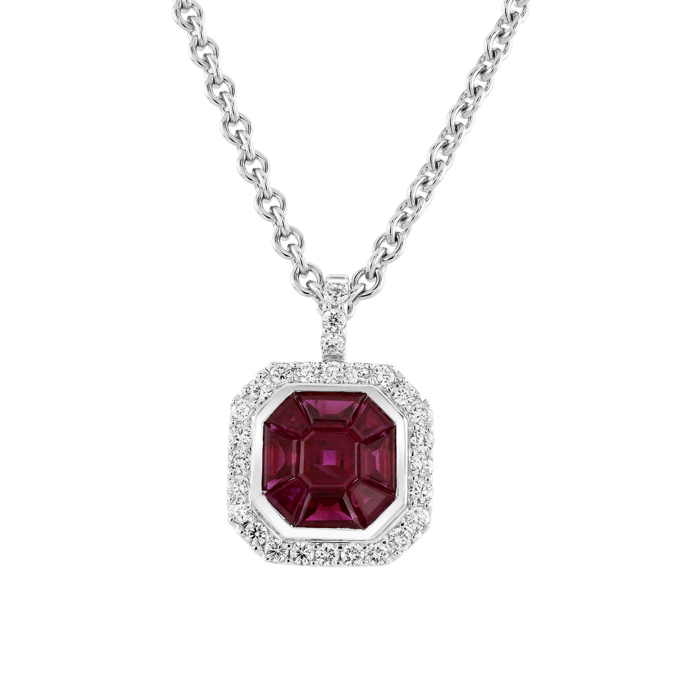 18ct White Gold Invisible Set Octagonal Ruby & Diamond Cluster Pendant