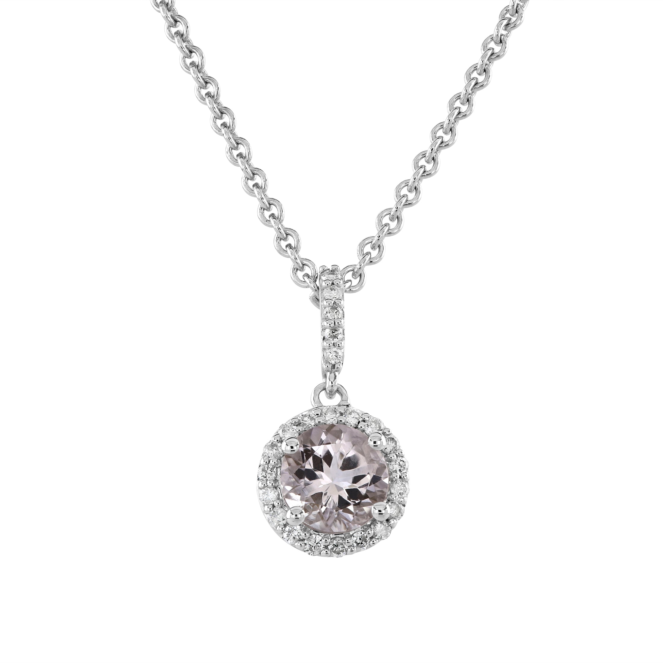 18ct White Gold Round Cut Pink Sapphire & Diamond Halo Cluster Pendant & Chain